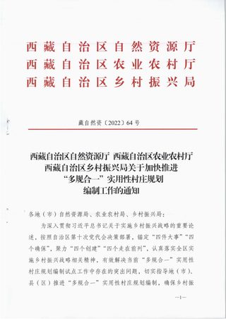 西藏自治区自然资源厅《关于加快推进“多规合一”实用性村庄规划编制工作的通知》藏自然资〔2022〕64号