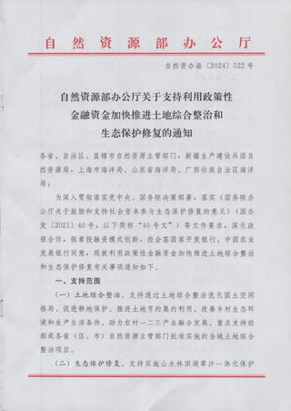 自然资源部办公厅《关于支持利用政策性金融资金加快推进土地综合整治和生态保护修复的通知》自然资办函〔2024〕522号