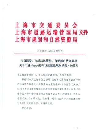上海市交通委 道路运输局 规划自然资源局《公共停车设施建设规划导则》沪交道运 〔2021〕509 号
