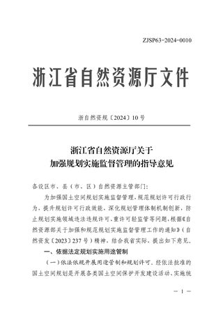 浙江省自然资源厅《关于加强规划实施监督管理的指导意见》浙自然资规〔2024〕10号