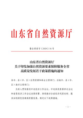 山东省自然资源厅《关于印发加强自然资源要素保障服务全省高质量发展若干政策措施的通知》鲁自然资字〔2024〕56号