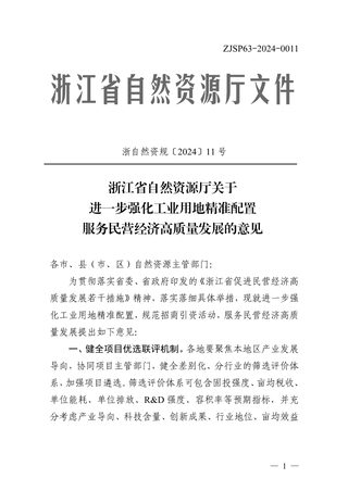 浙江省自然资源厅《关于进一步强化工业用地精准配置服务民营经济高质量发展的意见》浙自然资规〔2024〕11号