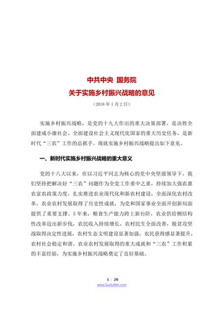2018年中央1号文 中共中央 国务院《关于实施乡村振兴战略的意见》