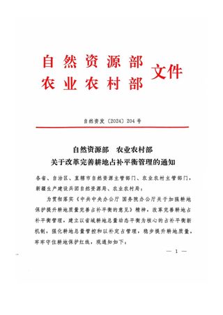 自然资源部 农业农村部《关于改革完善耕地占补平衡管理》自然资发〔2024〕204号