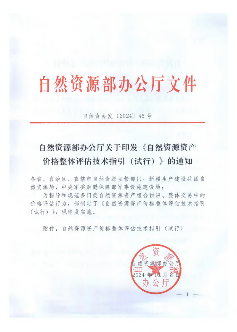 自然资源部办公厅《自然资源资产价格整体评估技术指引(试行)》自然资办发〔2024〕46号