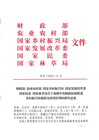 财政部 农业农村部 国家乡村振兴局 国家发展改革委 国家民委 国家林草局《关于加强中央财政衔接推进乡村振兴补助资金使用管理的指导意见》财农〔2022〕141号