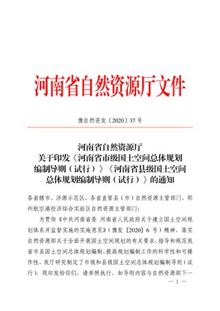 河南省自然资源厅《市级国土空间总体规划编制导则(试行)》《县级国土空间总体规划编制导则(试行)》豫自然资发〔2020〕37号