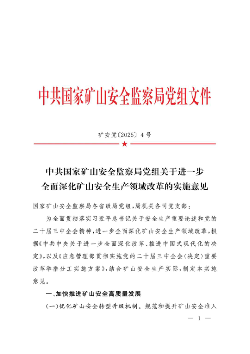 国家矿山安全监察局党组《关于进一步全面深化矿山安全生产领域改革的实施意见》矿安党〔2025〕4号