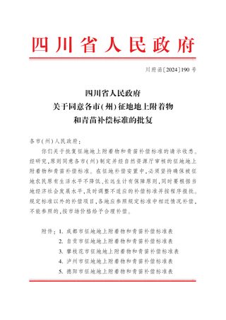四川省人民政府《关于同意各市(州)征地地上附着物和青苗补偿标准的批复》川府函〔2024〕190号