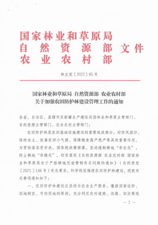 国家林业和草原局 自然资源部 农业农村部《关于加强农田防护林建设管理工作的通知》林生发〔2022〕65号