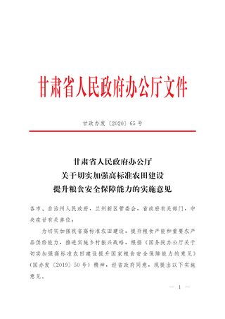 甘肃省人民政府办公厅《关于切实加强高标准农田建设提升粮食安全保障能力的实施意见》甘政办发〔2020〕65号