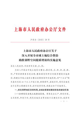 上海市人民政府办公厅《关于深入开展全市域土地综合整治 助推郊野空间提质增效的实施意见》沪府办〔2025〕26号