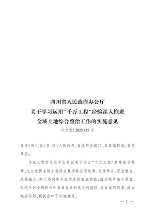 四川省人民政府办公厅《关于学习运用“千万工程”经验深入推进全域土地综合整治工作的实施意见》川办发〔2025〕35号