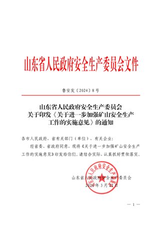 山东省人民政府安全生产委员会《关于进一步加强矿山安全生产工作的实施意见》鲁安发〔2024〕8号