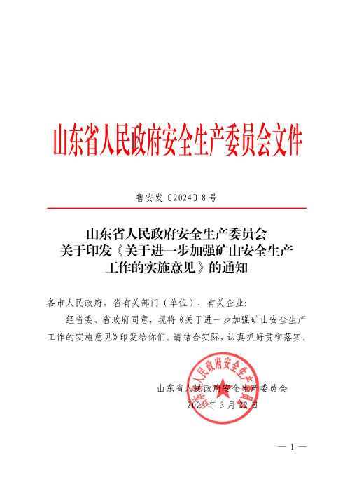 山东省人民政府安全生产委员会《关于进一步加强矿山安全生产工作的实施意见》鲁安发〔2024〕8号