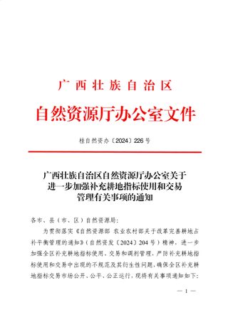 广西壮族自治区自然资源厅办公室《关于进一步加强补充耕地指标使用和交易管理有关事项的通知》桂自然资办〔2024〕226号