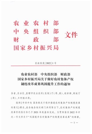 农业农村部 中央组织部 财政部 国家乡村振兴局《关于做好农村集体产权制度改革成果巩固提升工作的通知》农政改发〔2022〕1号