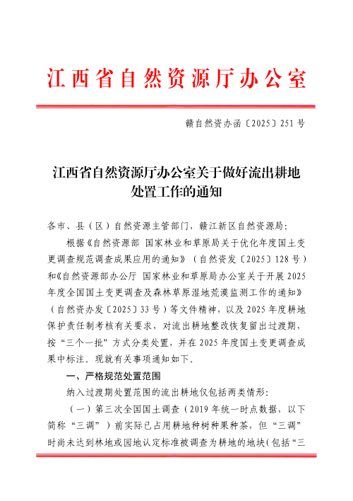 江西省自然资源厅办公室《关于做好流出耕地处置工作的通知》赣自然资办函〔2025〕251号