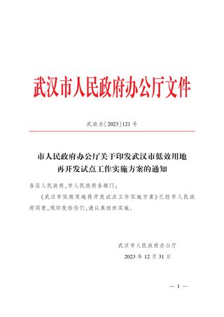 武汉市人民政府办公厅《关于印发武汉市低效用地再开发试点工作实施方案的通知》武政办〔2023〕121号