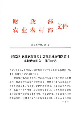 财政部 农业农村部《关于加强和规范村级会计委托代理服务工作的意见》财会〔2024〕28号