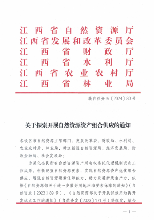 江西省自然资源厅《关于探索开展自然资源资产组合供应的通知》赣自然资函〔2024〕80号