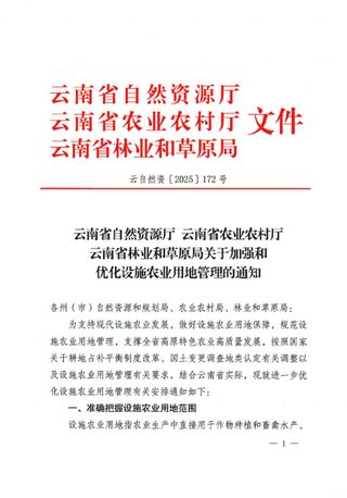 云南省自然资源厅《关于加强和优化设施农业用地管理的通知》云自然资〔2025〕172号