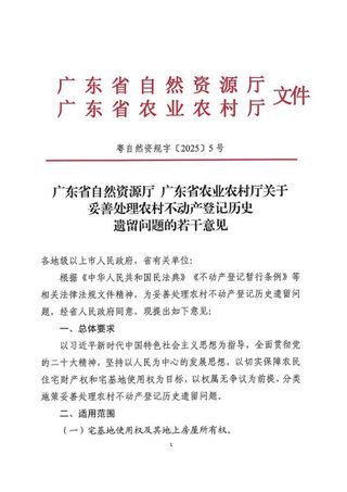 广东省自然资源厅 广东省农业农村厅《关于妥善处理农村不动产登记历史遗留问题的若干意见》粤自然资规字〔2025〕5号