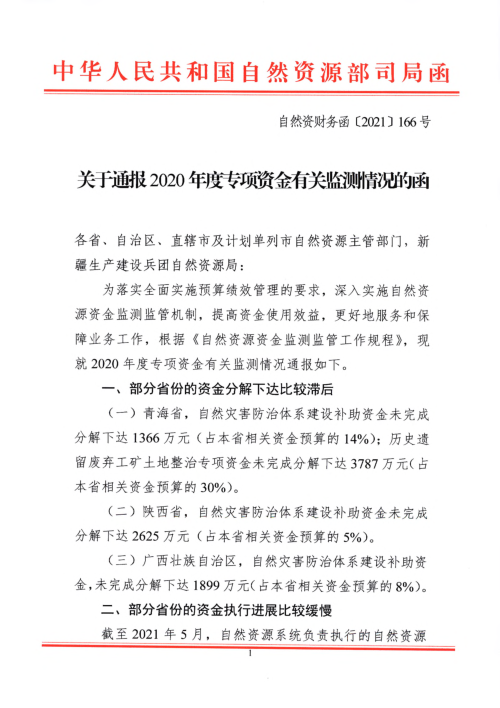 自然资源部《关于通报2020年度专项资金有关监测情况的函》自然资财务函〔2021〕166号