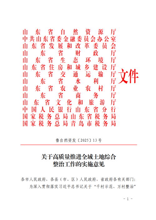 山东省自然资源厅等14部门《关于高质量推进全域土地综合整治工作的实施意见》鲁自然资发〔2025〕13号