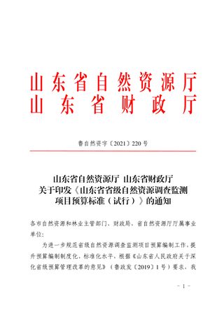 山东省自然资源厅 山东省财政厅《山东省省级自然资源调查监测项目预算标准(试行)》鲁自然资字〔2021〕220号