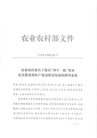 农业农村部《关于落实“四个一批”要求扎实推进帮扶产业高质量发展的指导意见》农规发〔2024〕26号
