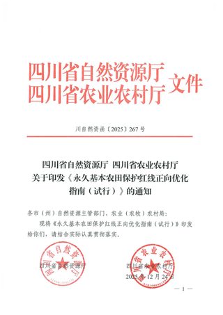 四川省自然资源厅 四川省农业农村厅《永久基本农田保护红线正向优化指南(试行)》川自然资函〔2025〕267号