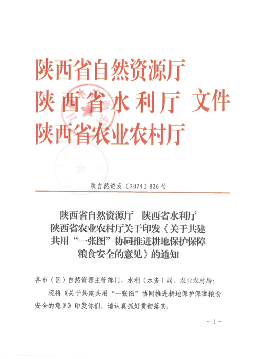 陕西省自然资源厅《关于共建共用“一张图”协同推进耕地保护保障粮食安全的意见》陕自然资发〔2024〕826号