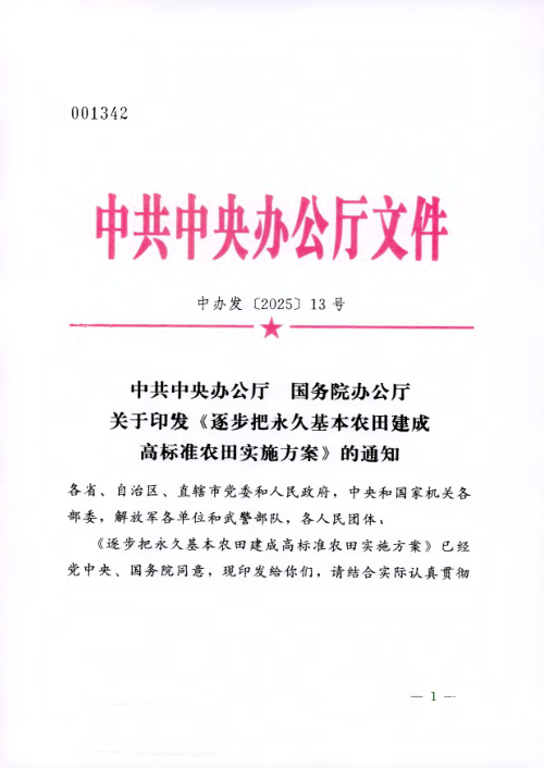 中共中央办公厅 国务院办公厅《逐步把永久基本农田建成高标准农田实施方案》中办发〔2025〕13号