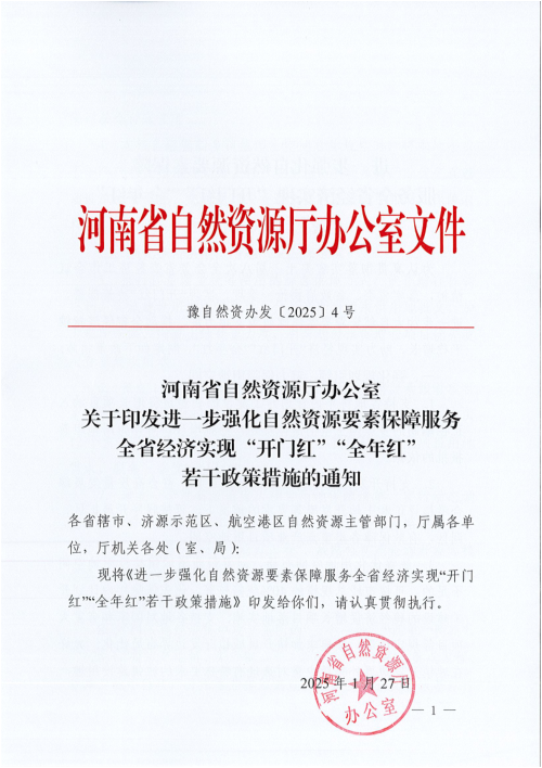 河南省自然资源厅《进一步强化自然资源要素保障服务全省经济开门红全年红若干政策措施的通知》豫自然资办发〔2025〕4号