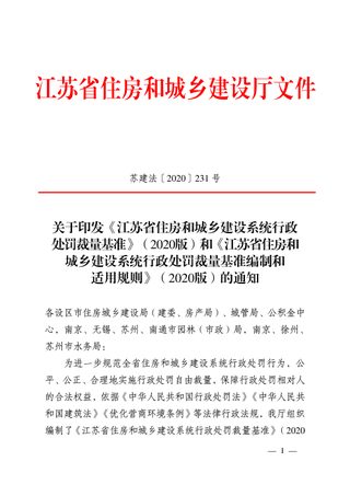 江苏省住房和城乡建设系统行政处罚裁量基准（2020版）、江苏省住房和城乡建设系统行政处罚裁量基准编制和适用规则（2020版）