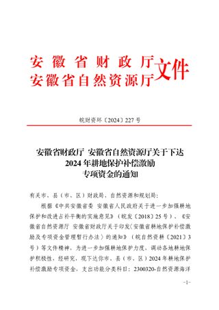 安徽省财政厅 安徽省自然资源厅《关于下达2024年耕地保护补偿激励专项资金的通知》皖财资环〔2024〕227号
