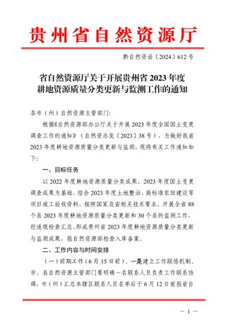 贵州省自然资源厅《关于开展贵州省2023年度耕地资源质量分类更新与监测工作的通知》黔自然资函〔2024〕612号