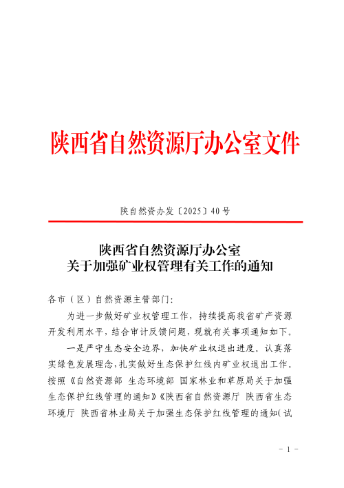 陕西省自然资源厅办公室《关于加强矿业权管理有关工作的通知》陕自然资办发〔2025〕40号