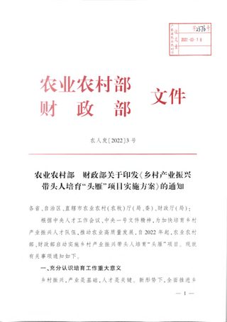 农业农村部 财政部《乡村产业振兴带头人培育“头雁”项目实施方案》农人发〔2022〕13号
