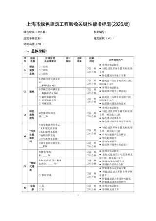 上海市绿色建筑工程验收关键性能指标表(2026版)