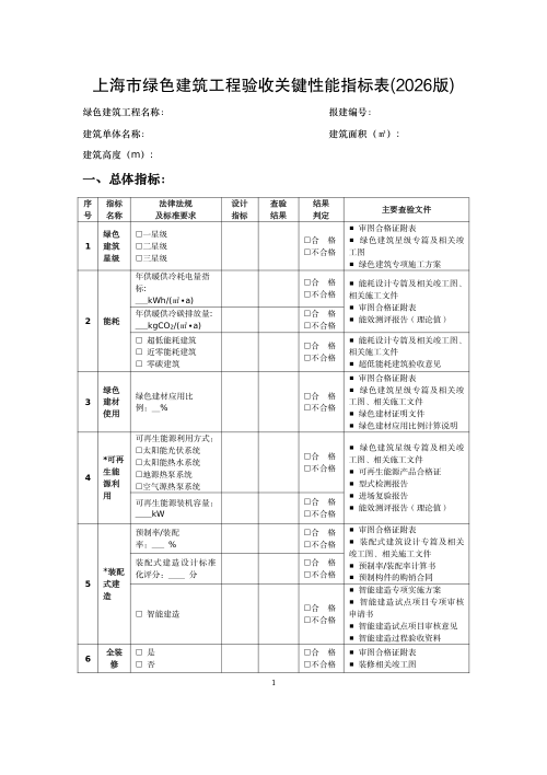 上海市绿色建筑工程验收关键性能指标表（2026版）