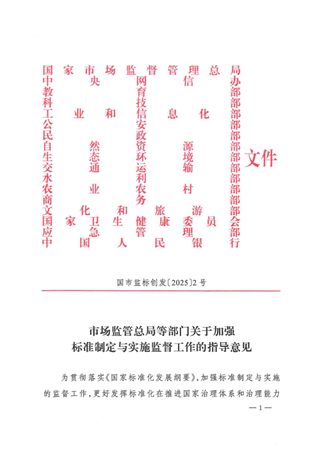 国家市场监管总局等十七部门《关于加强标准制定与实施监督工作的指导意见》国市监标创发〔2025〕2号