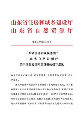 山东省住房和城乡建设厅 山东省自然资源厅《关于推行建筑师负责制的指导意见》鲁建设字〔2023〕3号
