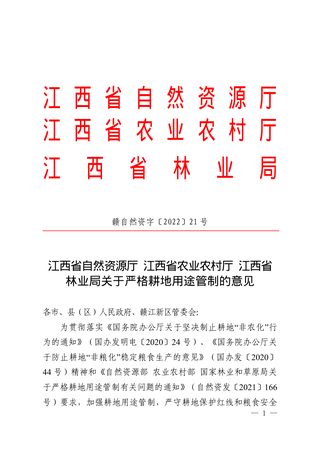 江西省自然资源厅 农业农村厅 林业局《关于严格耕地用途管制的意见》赣自然资字〔2022〕21 号
