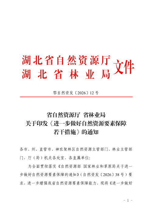 湖北省自然资源厅 湖北省林业局《进一步做好自然资源要素保障若干措施》鄂自然资发〔2026〕12号