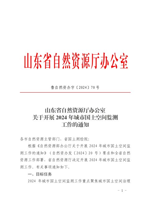 山东省自然资源厅办公室《关于开展2024年城市国土空间监测工作的通知》鲁自然资办字〔2024〕70号