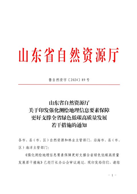 山东省自然资源厅《强化测绘地理信息要素保障更好支撑全省绿色低碳高质量发展若干措施》鲁自然资字〔2024〕89号