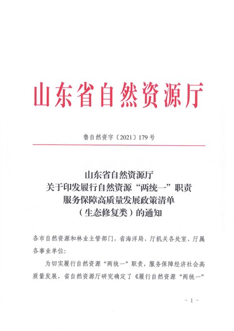 山东省自然资源厅《履行自然资源“两统一”职责 服务保障高质量发展政策清单(生态修复类)》鲁自然资字〔2021〕179号