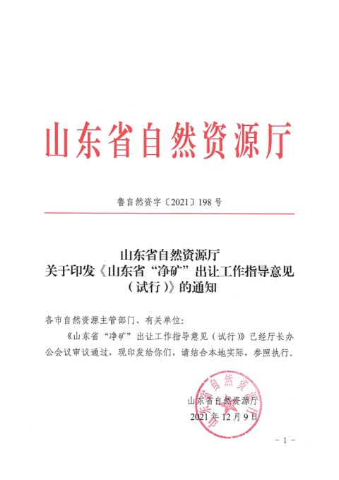 山东省自然资源厅《“净矿”出让工作指导意见(试行)》鲁自然资字〔2021〕198号